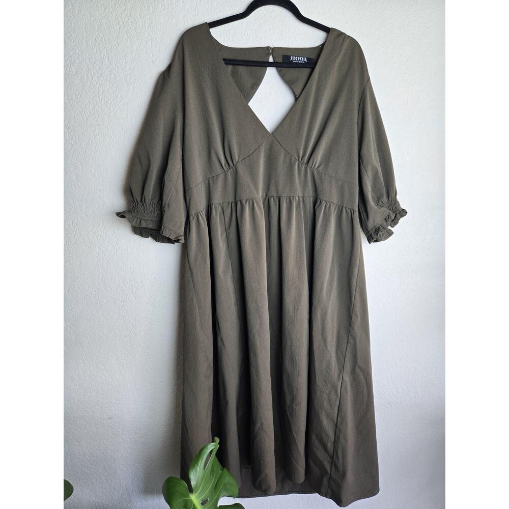 Disturbia Olive Green Open Back Midi Dress with Puff Sleeves Size 16 NWOT